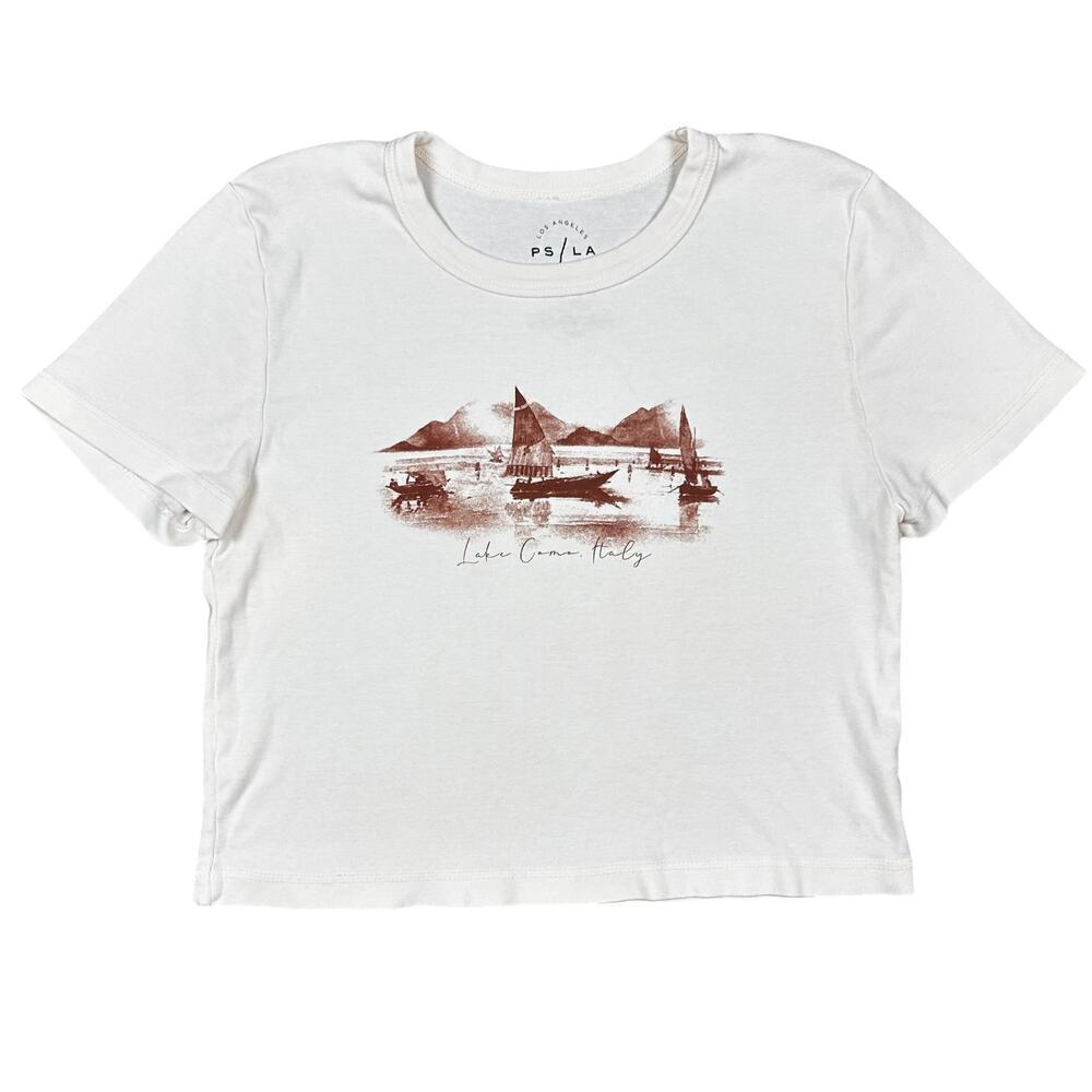 Pacsun Crop Top Tee Lake Como Italy T-Shirt Cream White size Medium Short Sleeve